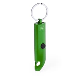 A green keyring torch featuring a keyring attachment and a push-button switch. It has a logo on its body.