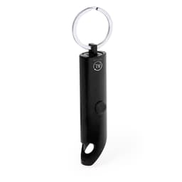 A black keyring torch with a round keyring attachment and a push-button switch. It features a logo on the side.