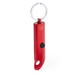 A red keyring torch with a silver keyring attachment and a push button for operation.