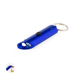 A blue keyring torch with a bottle opener feature and a keychain attachment. It has a round button for activation.