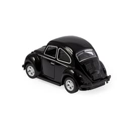 A black toy car with shiny silver wheels, featuring detailed windows and an openable door. It includes branding.