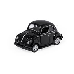 A black toy car with a rounded design, featuring detailed wheels and windows. It has a shiny finish and a compact shape.