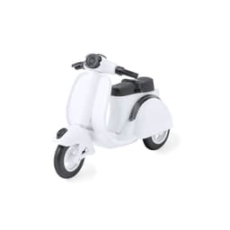 A white toy scooter with black seat and handle grips, featuring wheels and a classic design.