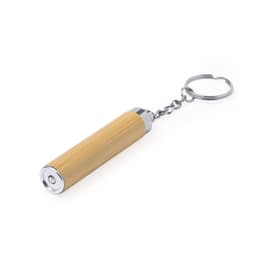 A bamboo keyring torch with a silver accent and a metal keychain attachment.
