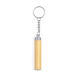A bamboo and silver keyring torch featuring a metal chain and ring for attachment.