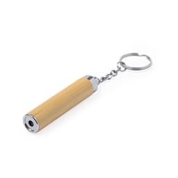 A bamboo keyring torch with a metallic finish and chain attachment. Features a logo on the side.