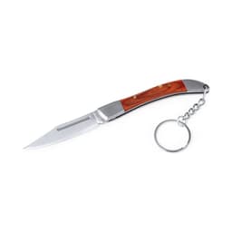 A keyring featuring a silver knife with a wooden handle and a metal chain attachment.