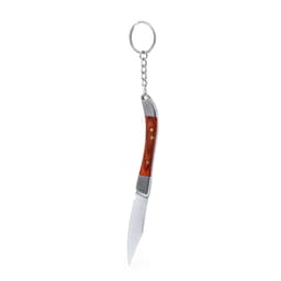 A keyring featuring a sleek, silver knife with a wooden handle, attached to a metal chain.