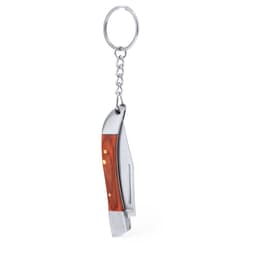 A keyring designed to resemble a small knife, featuring a silver metal body and a wooden handle.