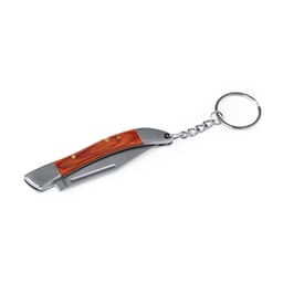 A keyring featuring a compact folding knife with a wooden handle and metal accents, attached to a silver chain.
