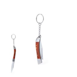 A keyring in the shape of a knife with a wooden handle and metal accents, featuring a circular chain attachment.