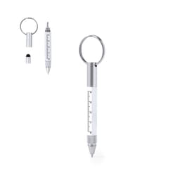 A silver multifunction pen with a keyring attachment, featuring a sleek design and multiple writing tips.