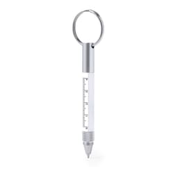A multifunction pen in silver, featuring a keyring attachment and a measuring scale along the barrel.