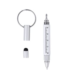 A silver multifunction pen with a ruler, stylus tip, and keyring attachment. The design is sleek and modern.