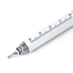 A white multifunction pen with a ruler design and a silver tip, featuring a logo on the barrel.