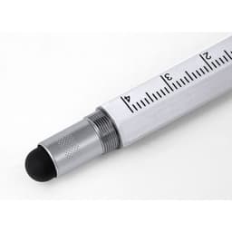 A silver multifunction pen with a ruler along its side and a black rubber tip at the end. It features a logo.