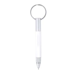 A metal multifunction pen in white, featuring a keyring attachment and silver accents.