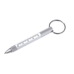 A silver multifunction pen with a keyring attachment, featuring a measuring scale along its body.