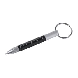 A multifunction metal pen in black and silver with a keyring and measurement scale.