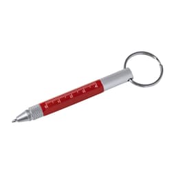 A red multifunction pen with a silver keyring and a ruler printed along its side.