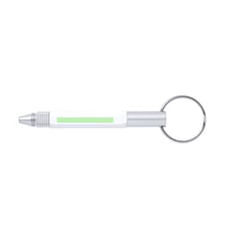 A white and silver multifunction pen with a keyring attachment and a green accent.