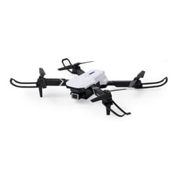 A white and black drone featuring four propellers and a built-in camera. It has a sleek, modern design and includes a logo.