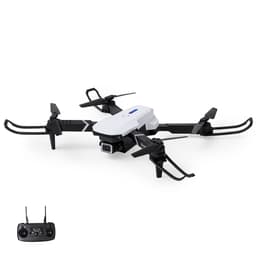 A drone with a white body and black propellers, along with a black remote control, is displayed.