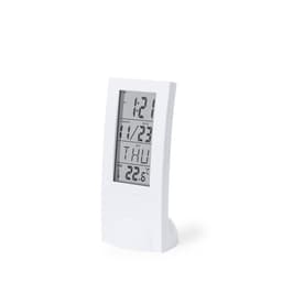A white digital weather station displaying time, date, and temperature with a sleek design and a small branding logo.
