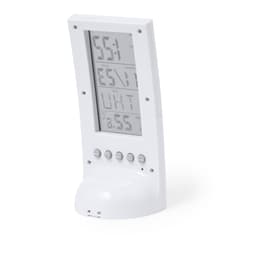 A white digital weather station with multiple display features, including temperature and humidity readings.