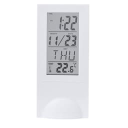 A white weather station displaying time, date, day, and temperature of 22.6°C. Features a digital screen and a logo.