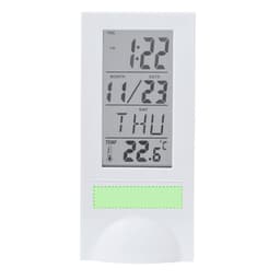 A white digital weather station displaying time, date, and temperature of 22.6°C. Features a branding logo.
