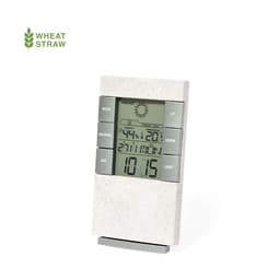 A weather station in a grey and white design with a digital display, featuring various buttons and a brand logo.