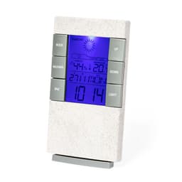 A weather station with a light grey body and blue display, featuring buttons for mode and temperature adjustments.