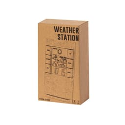 A weather station in a brown cardboard box featuring a simple design and buttons for settings.