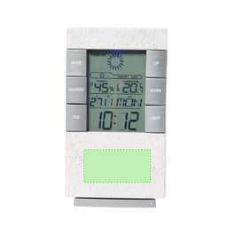 A white weather station with a digital display showing humidity, temperature, and clock features. It has a logo.