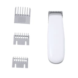 A hair clipper in white, accompanied by three grey comb attachments for different cutting lengths.