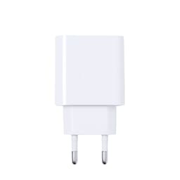 A white USB car charger with two prongs, featuring a smooth, minimalist design and a small logo on the side.