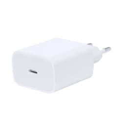 A white USB car charger with a compact design and a single USB-C port. It features a logo on the surface.