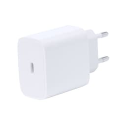 A white USB car charger with a rectangular shape and two prongs, featuring a logo.