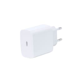 A white USB car charger with a single charging port and two prongs for connectivity.