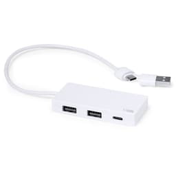 A white USB hub with two USB-A ports and one USB-C port connected by a short cable. It features a logo.
