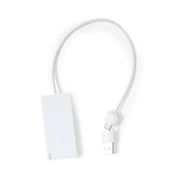 A white USB hub with a connecting cable, featuring a simple design and a logo on the surface.