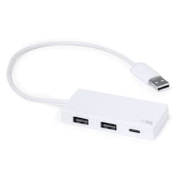 A white USB hub with multiple ports and a connecting cable. It has a logo on its surface.