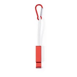 A red charging cable with a white connector and a red carabiner for easy attachment. It features a branding logo.
