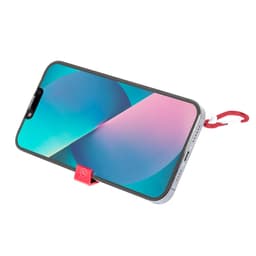 A phone propped up with a red cable holder, showcasing a colourful screen and a grey case.