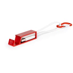 A red and white charging cable with a compact casing and a loop for attachment. It has a logo on the casing.