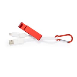 A red charging cable with white connectors and a carabiner for easy attachment.