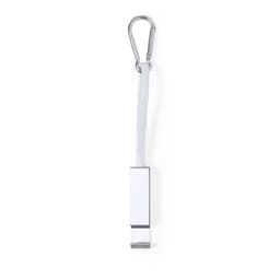 A white charging cable with a silver carabiner clip attached, designed for convenience and portability.
