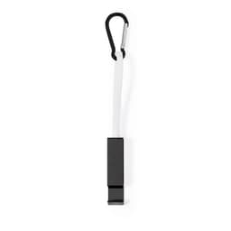 A charging cable with a black and white design, featuring a carabiner clip for easy attachment.
