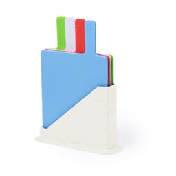 A set of four colourful chopping boards in a white holder, featuring blue, green, red, and pink boards.
